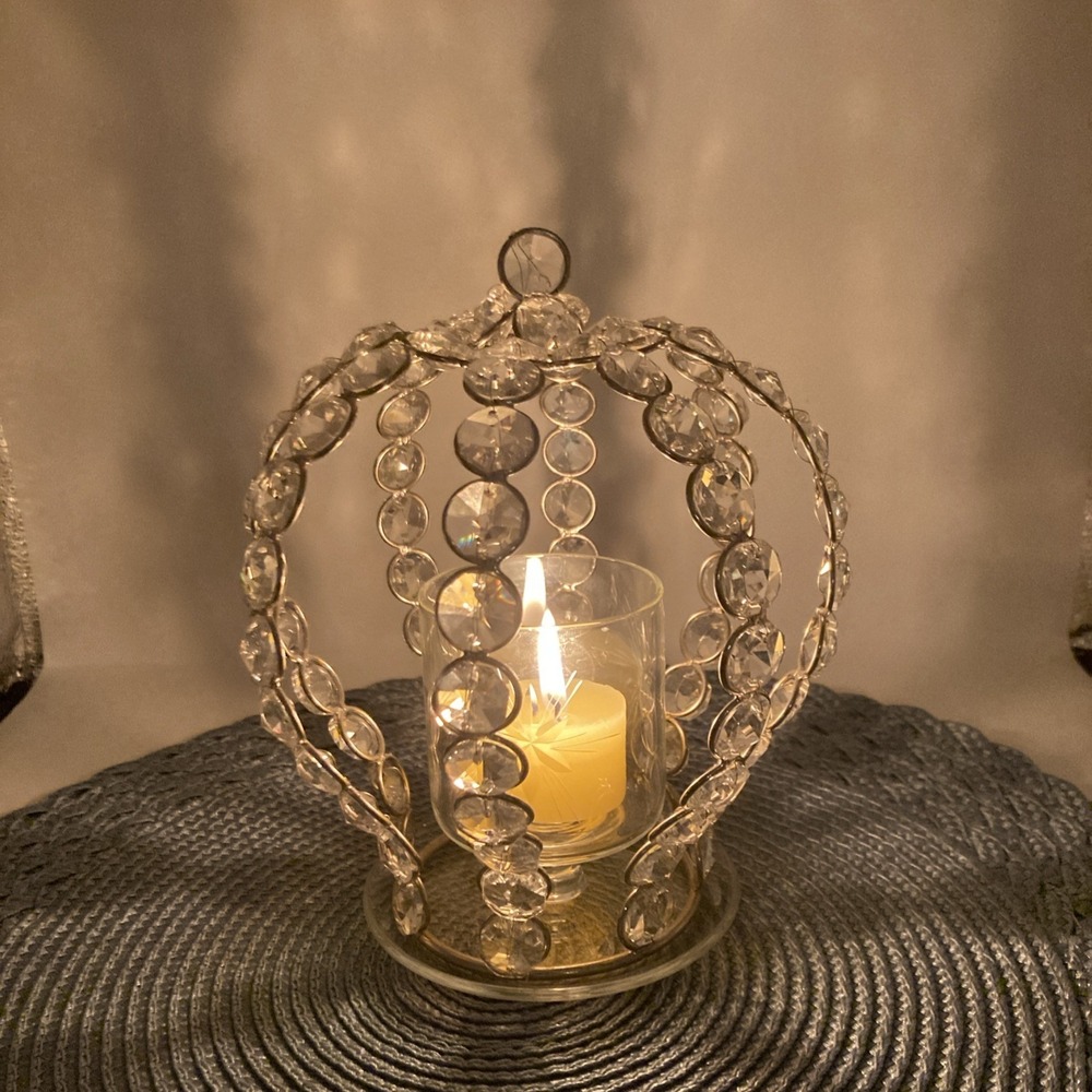 Crown Shaped Candle Holder Silver Toned Metal With Crystal Beads Etched Glass - Picture 2 of 6